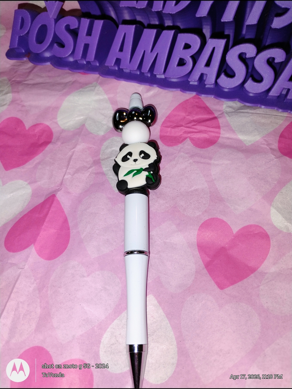 🌷White Panda Topper Ballpoint Pen with Green Accent - Cute Desk Accessory - Picture 1 of 3